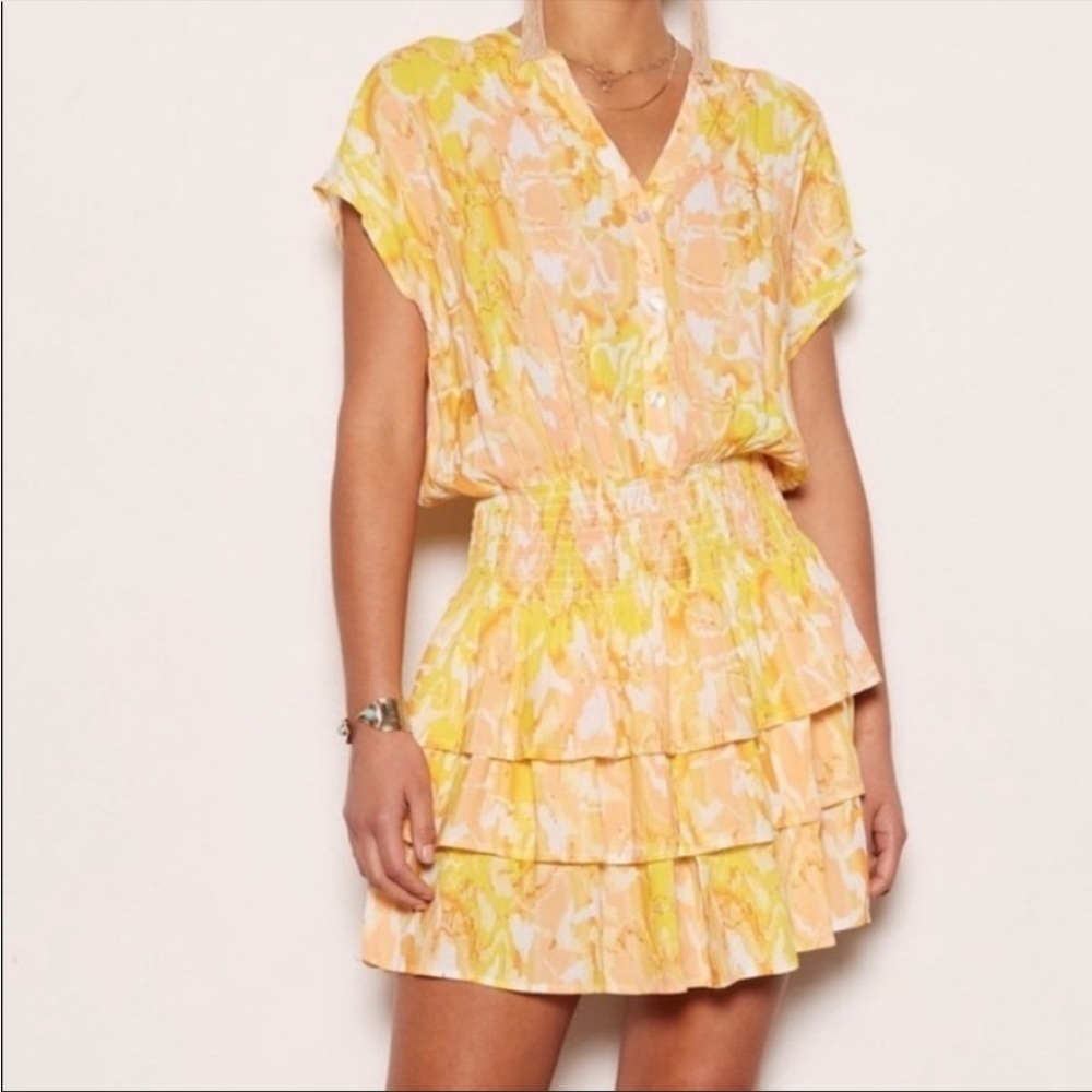 Tart Orange, Yellow, White Tiered Ruffle Kallie Sunset Cloud Dress